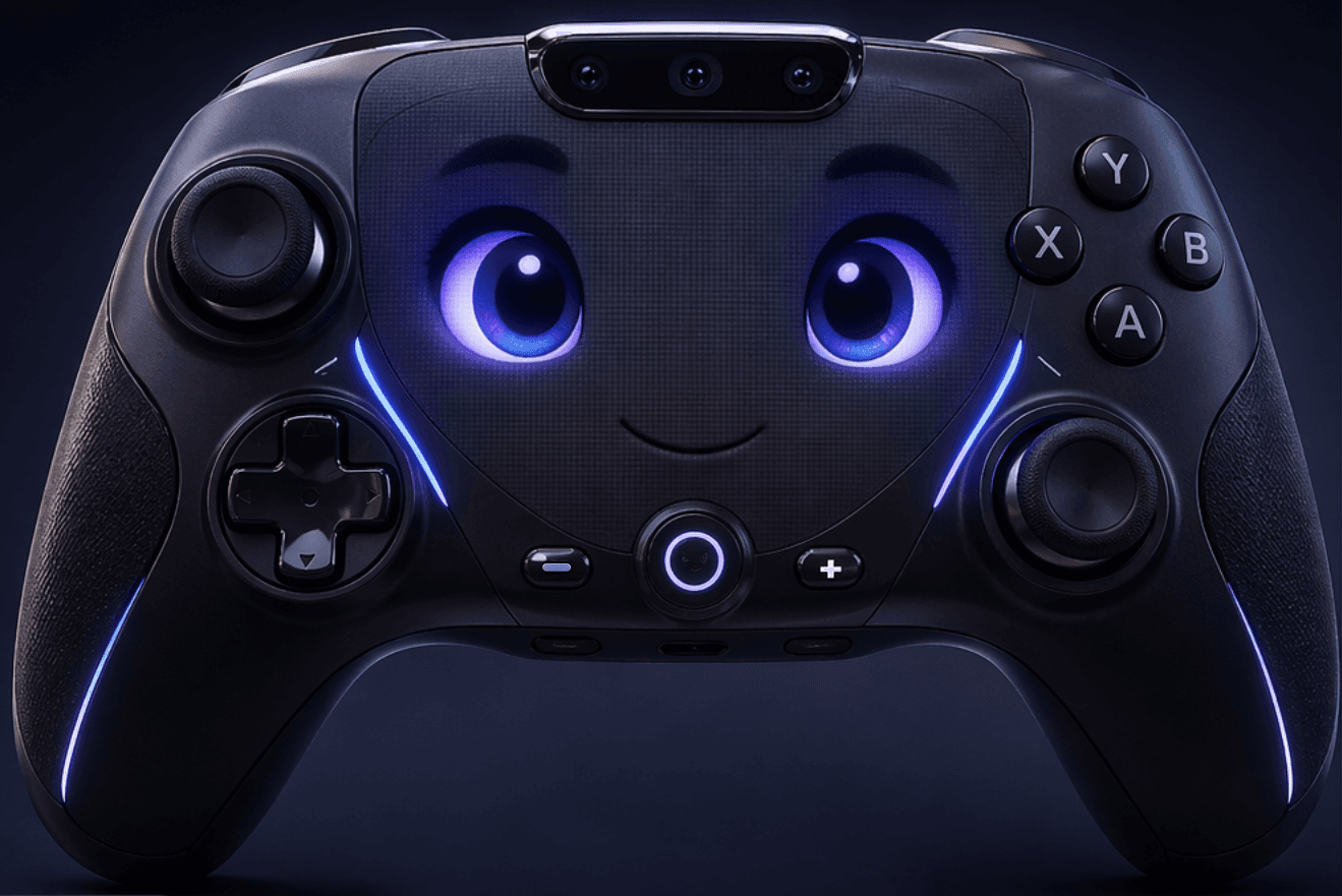 Concept of a Joypad controller with an expressive animated face, cameras, and glowing accents